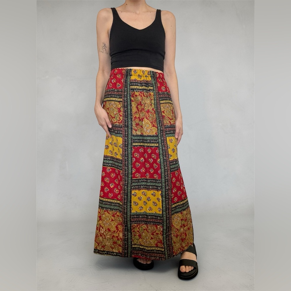 True Vintage 70s Patchwork Maxi Skirt | Boho Hippie Style | Size 6-10